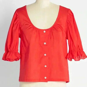 Vintage-Inspired Candy Red Puff Sleeve‎ Button-Up Blouse, size M